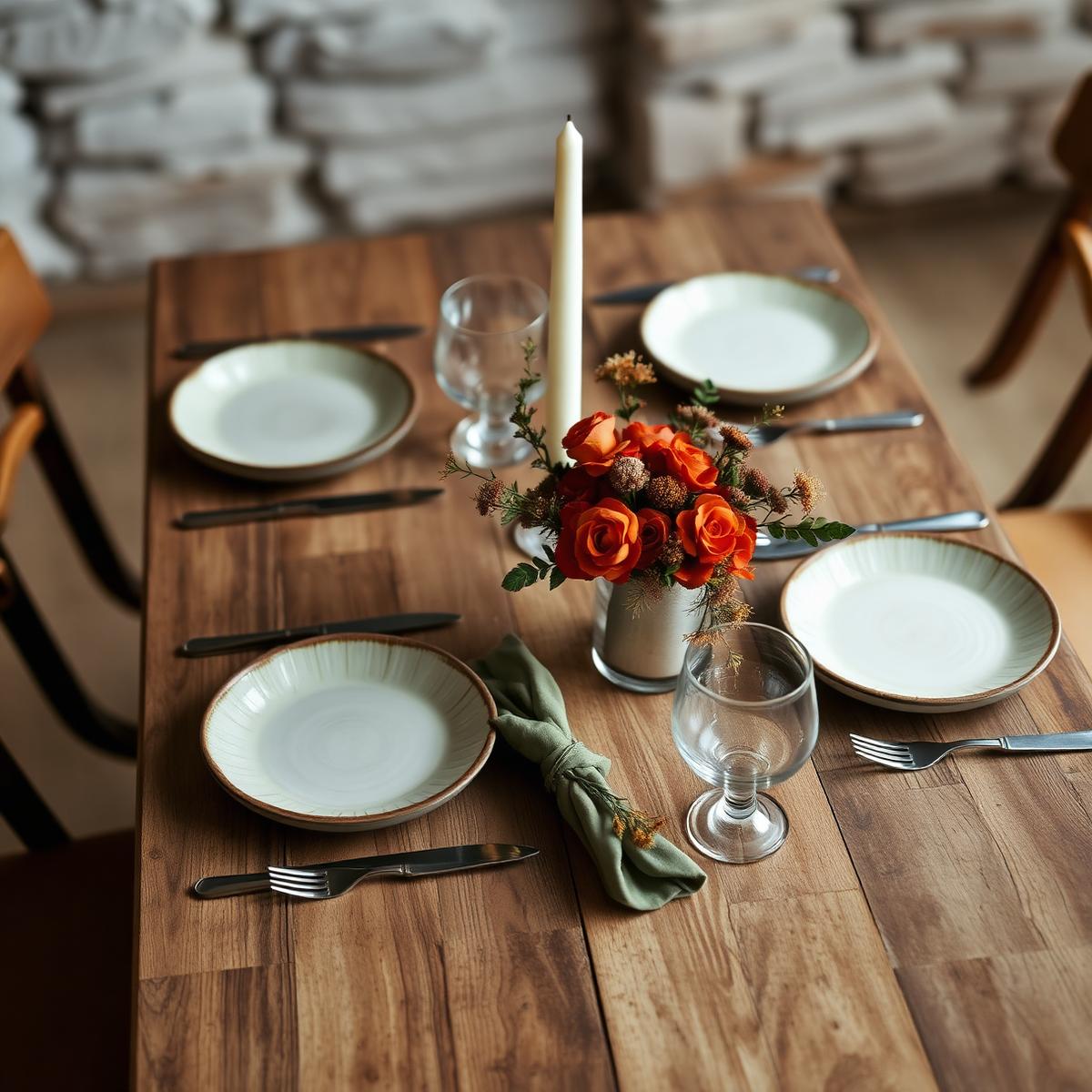 Rustic Indiana wedding table setting with sage napkins and terracotta flowers